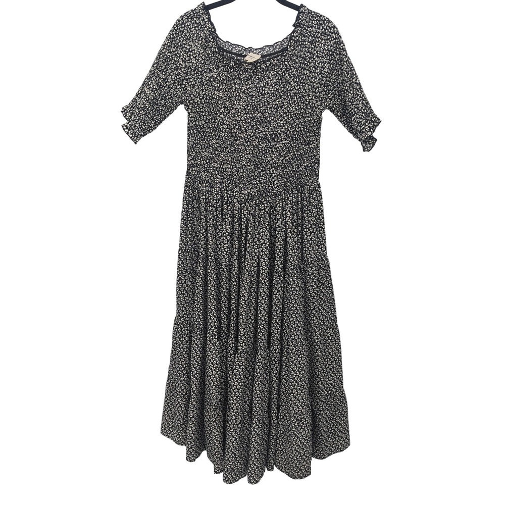Orange Creek Maxi Dress Women Large Black Floral Smocked Tiered Peasant Milkmaid